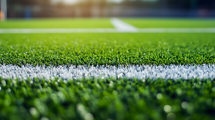Naklejka premium A close-up of artificial grass on a mini soccer field showcasing the precise weave and vibrant color of the turf.
