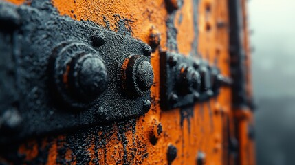 Rusty orange metal door latch, close-up, foggy background, industrial