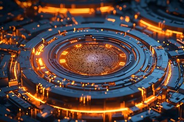 A glowing fingerprint scanner surrounded by cascading verification holographic layers and encrypted patterns.