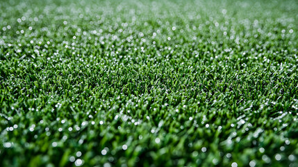 A close-up of freshly mowed football turf showing the fine texture of the grass blades and dew droplets sparkling in the sunlight.