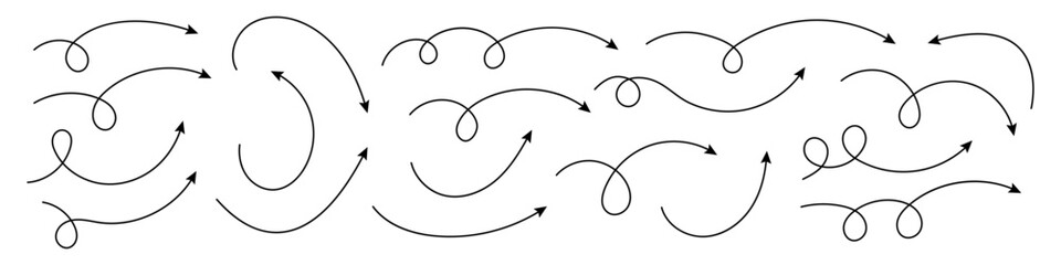 Hand drawn arrows. Collection of curved hand drawn arrows.