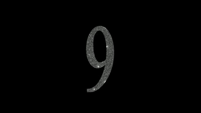 Number nine 9 in silver shiny glitter, animated glitter number on black background