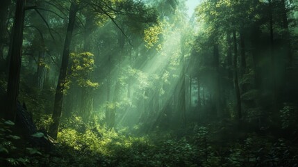 Obraz premium Sunlit Green Forest Path With Fog
