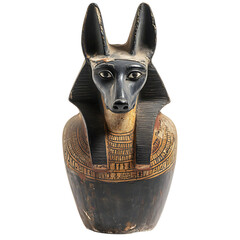 An ancient Egyptian canopic jar shaped like Anubis, perfectly preserved, isolated on a white background.