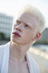 A beautiful young man with albinism, featuring fair skin, white hair, and delicate features. He looks confident and serene, with soft natural lighting highlighting her unique beauty