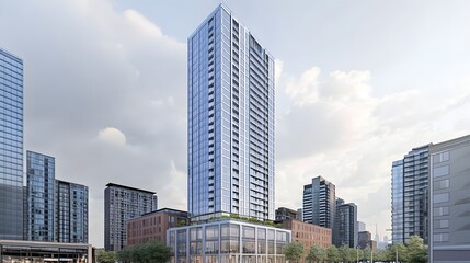 Fototapeta premium Modern skyscraper towering over urban landscape with surrounding buildings and greenery