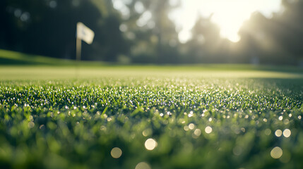 A close-up view of a lush golf course with neatly trimmed grass a flag marking the hole and morning dew sparkling in the sunlight.