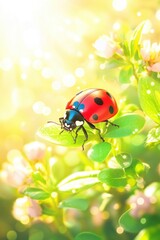 Naklejka premium Beautiful cute ladybug with flower in Spring.