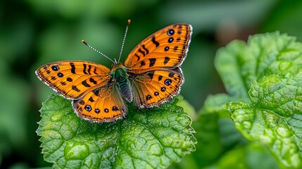 Obraz premium Macro shot of vibrant orange butterfly perched on a green leaf capturing intricate wing patterns and delicate textures