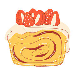 Bread with sweet filling, cinnamon or chocolate. Pastry with icing and strawberry, vector illustration, flat hand drawn style with texture. Baked food for sticker, bakery, cafe, restaurant menu