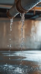 Water leaking from a rusted broken pipe in a basement, dripping onto the floor, urgent repairs