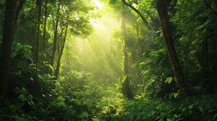 Fototapeta premium Sunlit Path Through Lush Green Rainforest