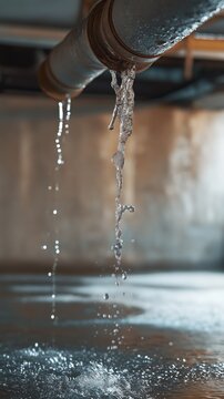 Water leaking from a rusted broken pipe in a basement, dripping onto the floor, urgent repairs