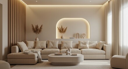 Elegant minimalist living room with neutral tones and architectural details