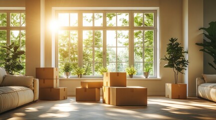 Sunny moving day, boxes in a bright new home