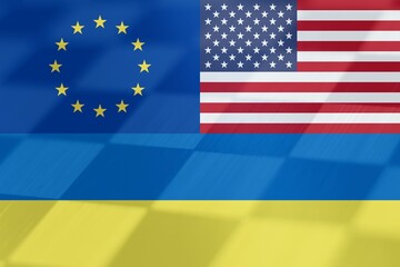Flags of Europe, United states and Ukraine with a chess table as background.