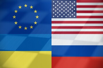 Flags of Europe, United states, Russian and Ukraine with a chess table as background.