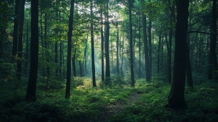 Fototapeta premium Sunlit Forest Path: Green Trees and Misty Morning Atmosphere