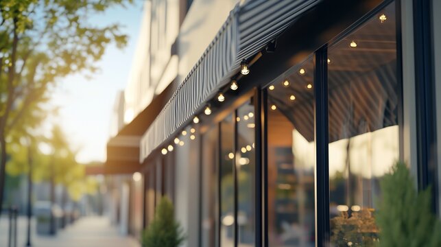 Street awnings and plants. Commercial space for rent in the prime sale. Storefront with awning and a building with a storefront with a awning. A roadway lined with canopies and lifestyle greenery.