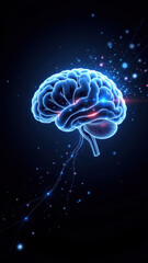 A graphical representation of artificial general intelligence (AGI) with a brain-like structure emitting light.