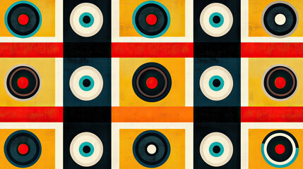 Abstract art with colorful circles, Geometric pattern with retro style, Bright colors and wood texture. Modern design background. Graphic art circles repeat. generative ai	