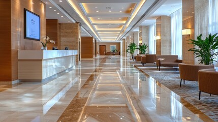 Hotel Lobby Reception Area, Elegant Hallway, City View