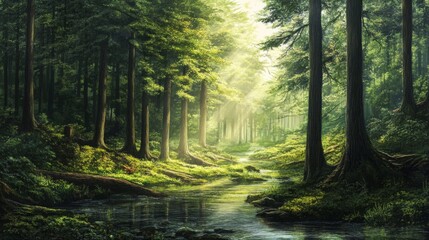 Fototapeta premium Sunlit Forest Path with Creek