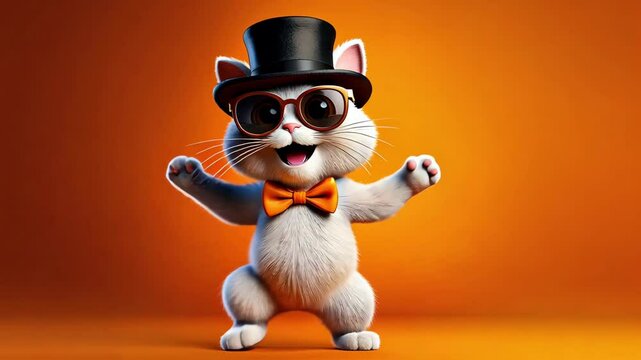 Happy Dancing Kitty Cat Wearing a Top Hat and Bow Tie on a Orange Background 