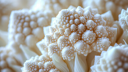Intricate details of fractal cauliflower display natural mathematical patterns and textures in vibrant white colors with soft depth-of-field