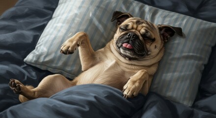 Hyperrealistic Illustration of a Tan Pug Sleeping Soundly on a Light Blue Striped Pillow
