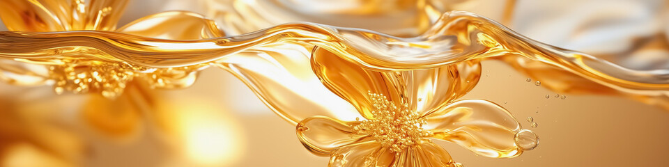 Fototapeta premium Golden flowers with cosmetic oil