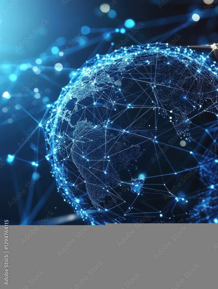 Poster blockchain technology futuristic hud background with world globe and blockchain polygon peer to peer