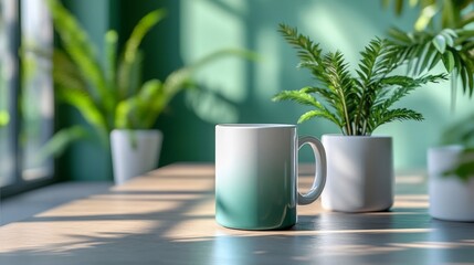 A teal ombre mug sits on a wooden table amongst plants