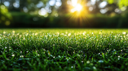 Naklejka premium Morning dew glistens on fresh grass blades with sparkling reflections from sunlight in dreamy detail