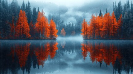 Autumn lake reflection, misty forest, fall colors, serene nature, scenic wallpaper