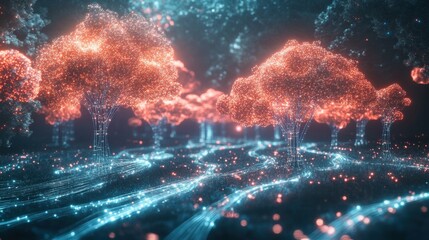 A digital illustration of a forest of glowing trees with blue and red lights.