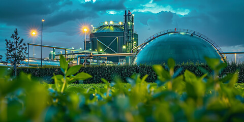A large-scale anaerobic digestion plant with pipelines transporting biomethane, visually representing the circular economy in renewable energy.
