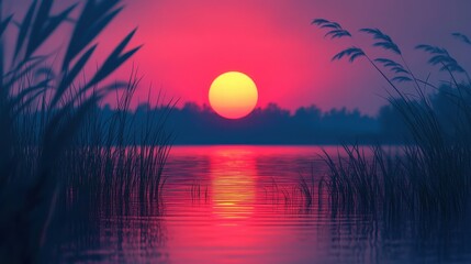 Enchanting sunset over serene lake with silhouetted reeds and reflective water