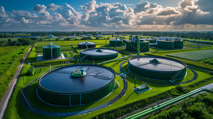 A large-scale anaerobic digestion plant with pipelines transporting biomethane, visually representing the circular economy in renewable energy.