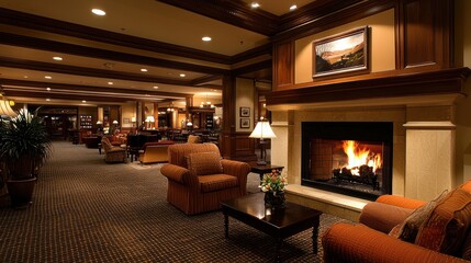 Cozy hotel lobby fireplace, seating area, evening ambiance