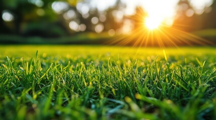 Close-up of dewy morning grass with bright sunrise in lush green park