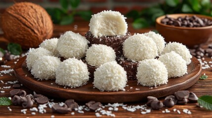 Coconut truffles on wooden plate, with background of chopped chocolate and coconut