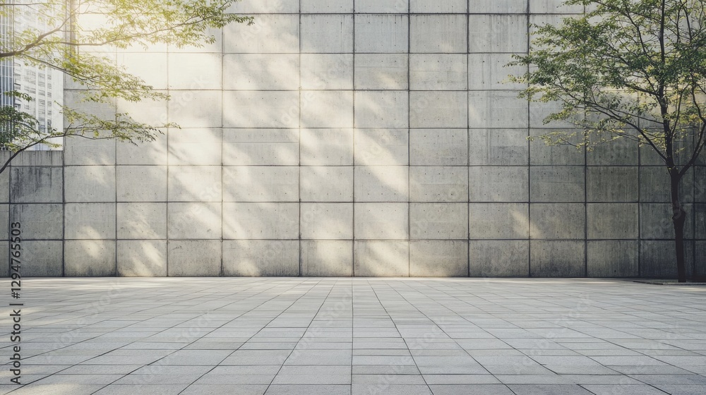 Poster a vast stone tiled plaza lies before a concrete wall, illuminated by gentle sunlight filtering throu