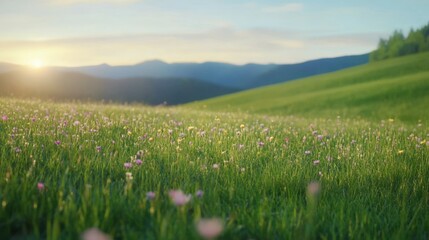 Fototapeta premium Expansive wildflower meadow in a peaceful alpine setting, framed by rolling hills and illuminated by soft natural light,