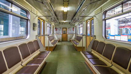 Fototapeta premium The rolling stock is in the depot undergoing repairs and maintenance.