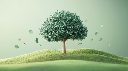 Lush green tree on rolling hills with falling leaves in serene landscape