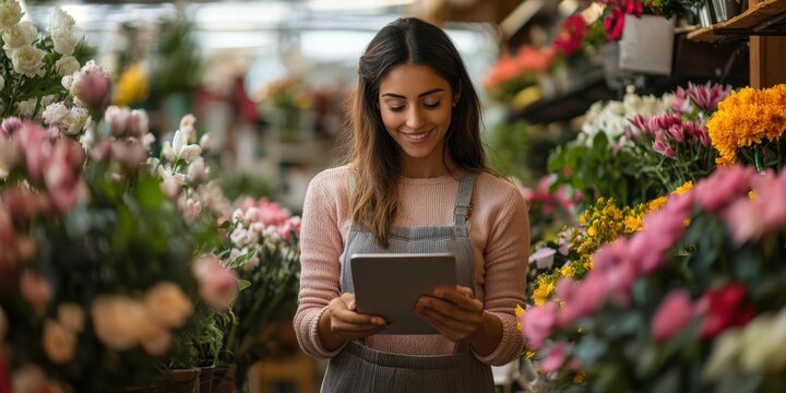 Woman using tablet to browse flower arrangements in vibrant floral shop during daytime