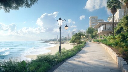 Coastal walkway with ocean view, sunny day.