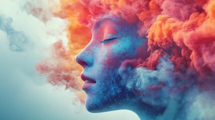 A woman's face is covered in colorful smoke, with her eyes closed and a serene expression.