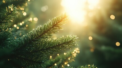 Sunlit pine branches with dew at golden hour in a forest setting